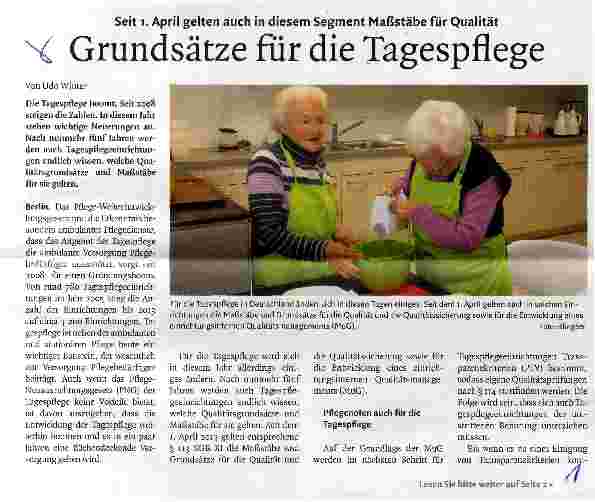 Vorschauseite 1: Seit 1. April gelten auch in diesem Segment Maßstäbe für QualitätGrundsätze für die Tagespflege