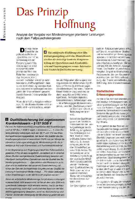 Vorschauseite 1: Das Prinzip Hoffnung Analyse der Vorgabe von Mindestmengen planbarer Leistungen nach dem Fallpauschalengesetz