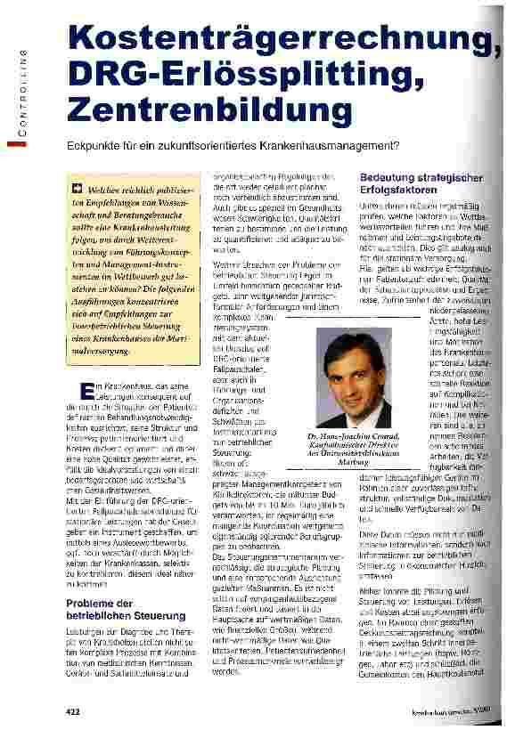Vorschauseite 1: Kostenträgerrechnung, DRG-Erlössplitting, Zentrenbildung Eckpunkte für ein zukunftsorientiertes Krankenhausmanagement?