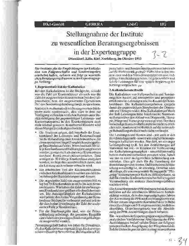 Vorschauseite 1: Stellungnahme der Institute zu wesentlichen Beratungsergebnissen in der Expertengruppe 10.93