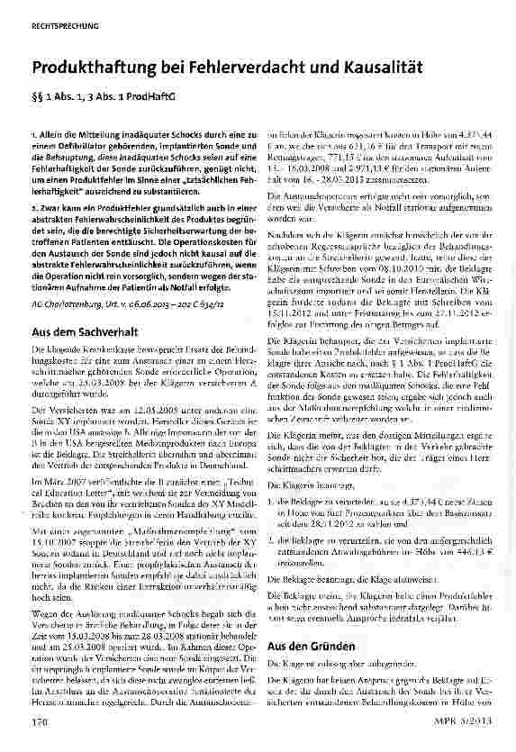 Vorschauseite 1: Produkthaftung bei Fehlerverdacht und Kausalität §§ 1 Abs. 1, 3 Abs. 1 ProdHaftG