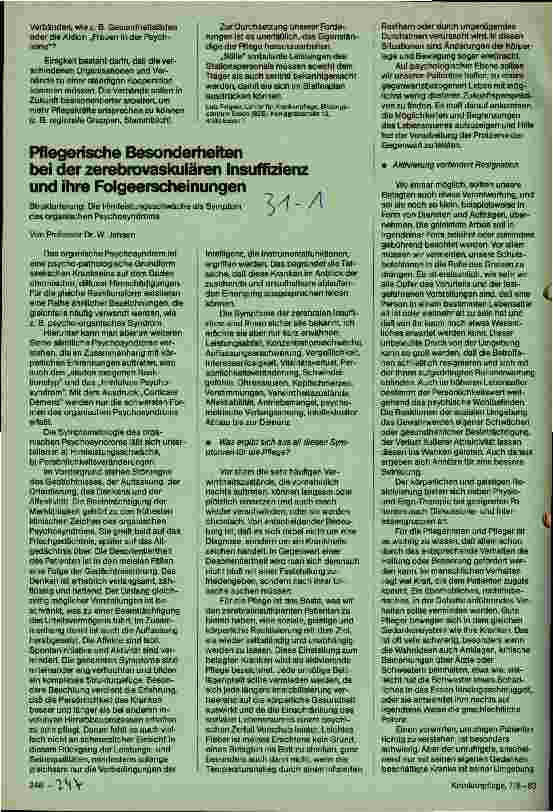 Vorschauseite 1: Pflegerische Besonderheiten bei der zerebrovaskulären Insuffizienz und ihre Folgeerscheinungen