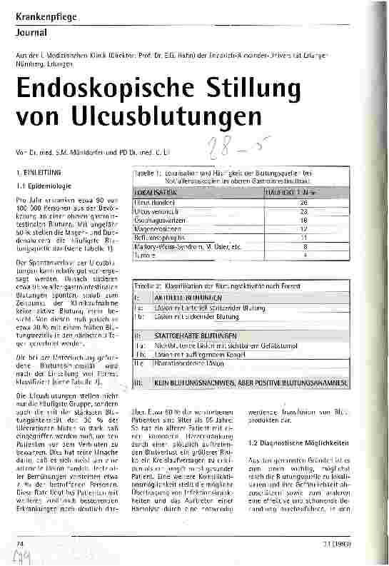 Vorschauseite 1: Endoskopische Stillungen von Ulcusblutungen Aus der 1.Med.Klinik der Friedrich-Alexander-Universität Erlangen