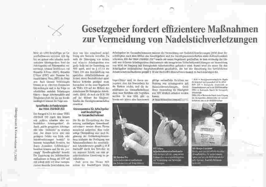 Vorschauseite 1: Gesetzgeber fordert effizientere Maßnahmen zur Vermeidung von Nadelstichverletzungen
