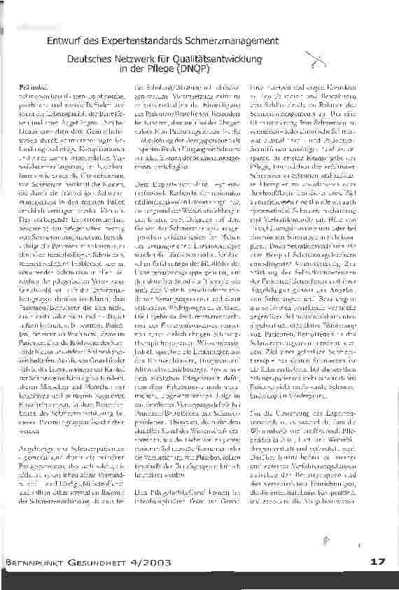 Vorschauseite 1: Entwurf des Expertenstandards Schmerzmanagement Deutsches Netzwerk für Qualitätsentwicklung in der Pflege (DNQP)