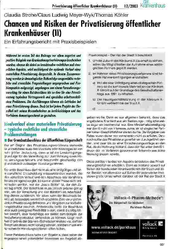 Vorschauseite 1: Chancen und Risiken der Privatisierung öffentlicher Krankenhäuser (II) Ein Erfahrungsbericht mit Praxisbeispielen