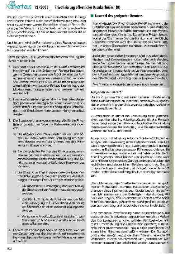 Vorschauseite 2: Chancen und Risiken der Privatisierung öffentlicher Krankenhäuser (II) Ein Erfahrungsbericht mit Praxisbeispielen