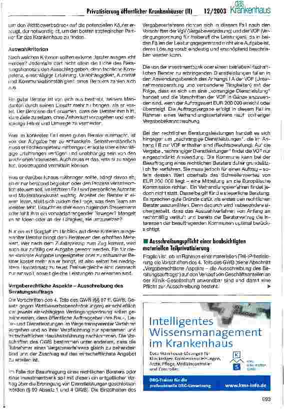 Vorschauseite 3: Chancen und Risiken der Privatisierung öffentlicher Krankenhäuser (II) Ein Erfahrungsbericht mit Praxisbeispielen