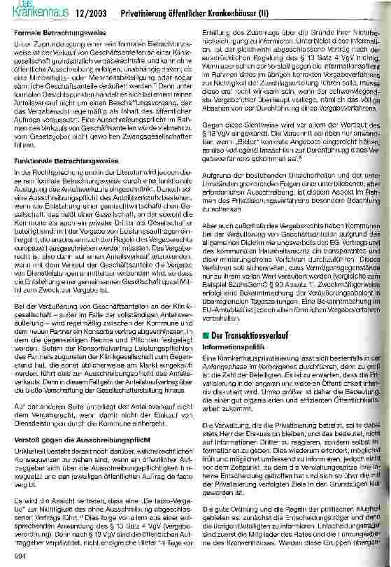 Vorschauseite 4: Chancen und Risiken der Privatisierung öffentlicher Krankenhäuser (II) Ein Erfahrungsbericht mit Praxisbeispielen