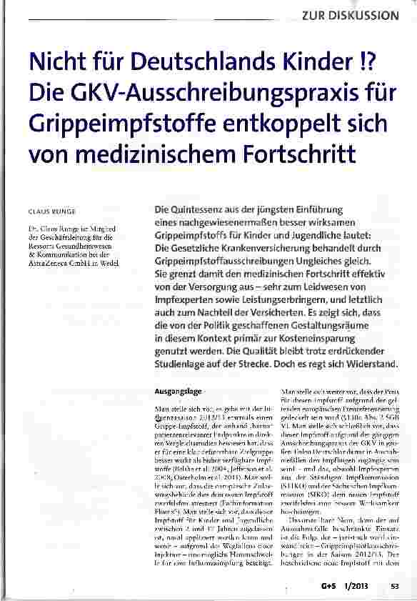 Vorschauseite 1: Nicht für Deutschlands Kinder! ? Die GKV-Ausschreibungspraxis für Grippeimpfstoffe entkoppelt sich von medizinischem Fortschritt