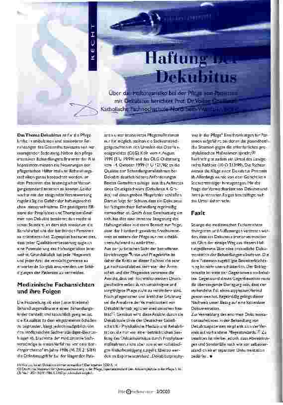 Vorschauseite 1: Haftung bei Dekubitus