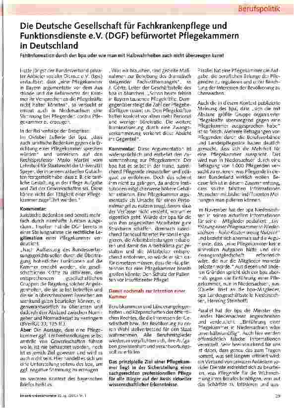 Vorschauseite 1: Die Deutsche Gesellschaft für Fach kranken pflege und Funktionsdienste e.V. (DGF) befürwortet Pflegekammern in Deutschland