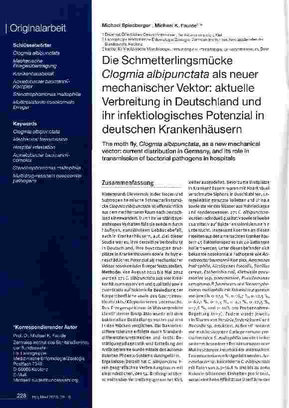 Vorschauseite 1: Die Schmetterlingsmücke Clogmia albipunctata als neuer mechanischer Vektor: aktuelle Verbreitung in Deutschland und ihr infektiologisches Potenzial in deutschen Krankenhäusern