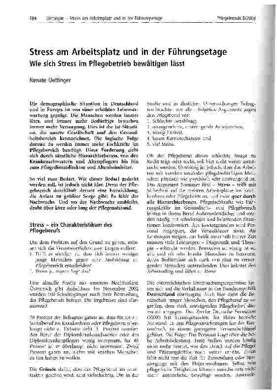 Vorschauseite 1: Stress am Arbeitsplatz und in der Führungsetage Wie sich Stress im Pflegebetrieb bewältigen lässt