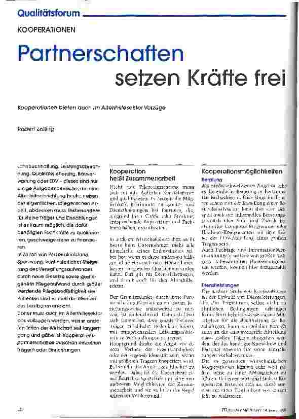 Vorschauseite 1: Partnerschaften setzen Kräfte frei Kooperationen bieten auch im Altenhilfesektor Vorzüge