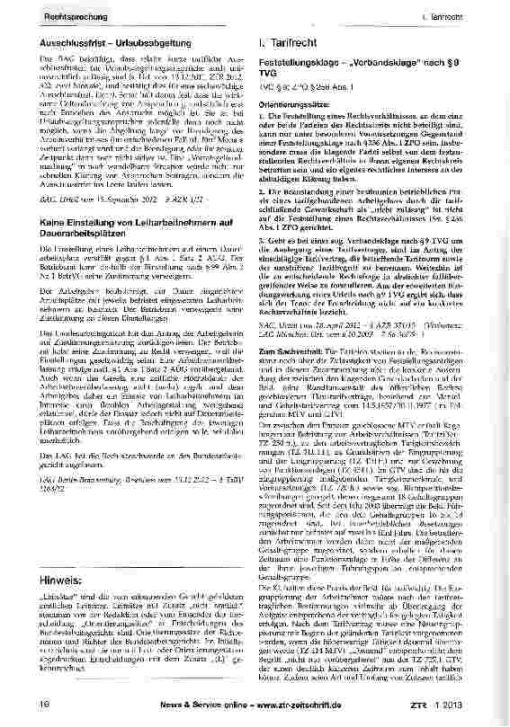 Vorschauseite 1: Feststellungsklage - „Verbandsklage nach §9 TVG TVG§9;ZPO§256Abs.1