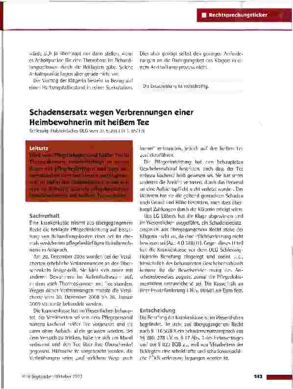Vorschauseite 1: Schadensersatz wegen Verbrennungen einer Heimbewohnerin mit heißem Tee