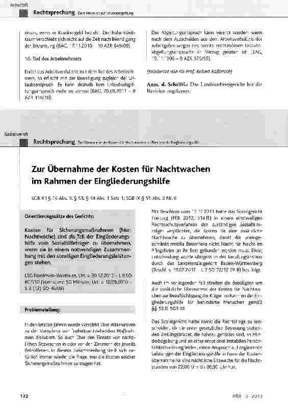 Vorschauseite 1: Zur Übernahme der Kosten für Nachtwachen im Rahmen der Eingliederungshilfe