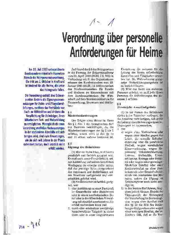Vorschauseite 1: Verordnung über personelle Anforderungen für Heime Die neue Heimpersonalverordnung (01. 10. 93)