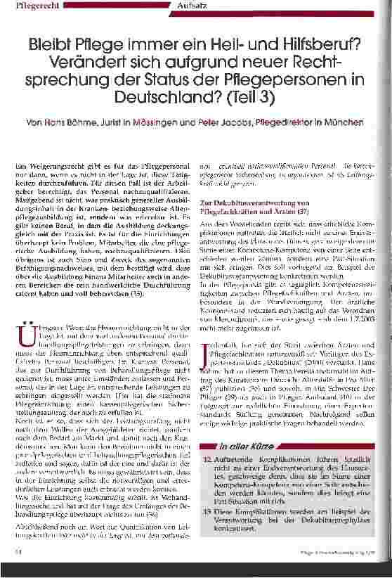 Vorschauseite 1: Bleibt Pflege immer ein Heilund Hilfsberuf? Verändert sich aufgrund neuer Rechtsprechung der Status der Pflegepersonen in Deutschland? (Teil 3)