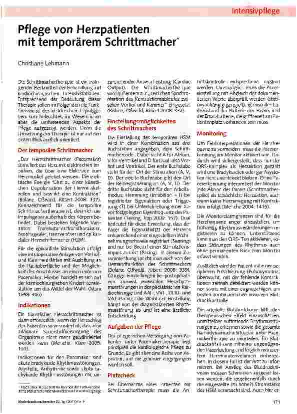 Vorschauseite 1: Pflege von Herzpatienten mit temporärem Schrittmacher