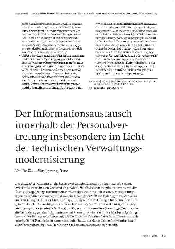 Vorschauseite 1: Der Informationsaustausch innerhalb der Personalvertretung insbesondere im Licht der technischen Verwaltungsmodernisierung