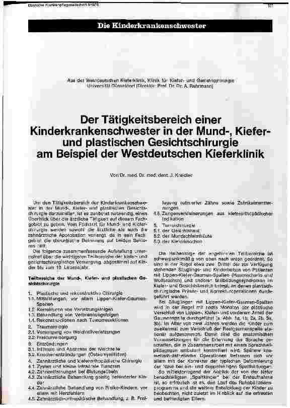 Vorschauseite 1: Der Tätigkeitsbereich einer Kinderkrankenschwester in der Mund-, Kieferund plastischen Gesichtschirurgie. ..