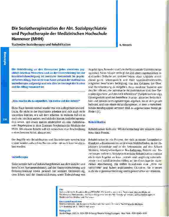 Vorschauseite 1: Die Soziotherapiestation der Abt. Sozialpsychiatrie und Psychotherapie der Medizinischen Hochschule Hannover (MHH) Stationäre Soziotherapie und Rehabilitation