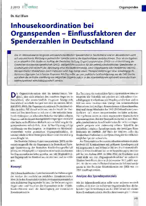 Vorschauseite 1: Inhousekoordination bei Organspenden - Einflussfaktoren der Spenderzahlen in Deutschland