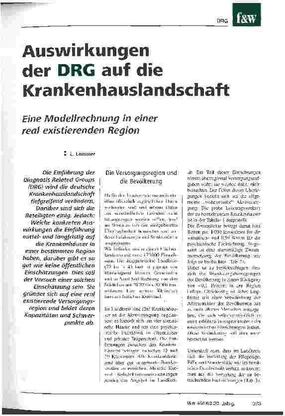 Vorschauseite 1: Auswirkungen der DRG auf die Krankenhauslandschaft Eine Modellrechnung in einer real existierenden Region