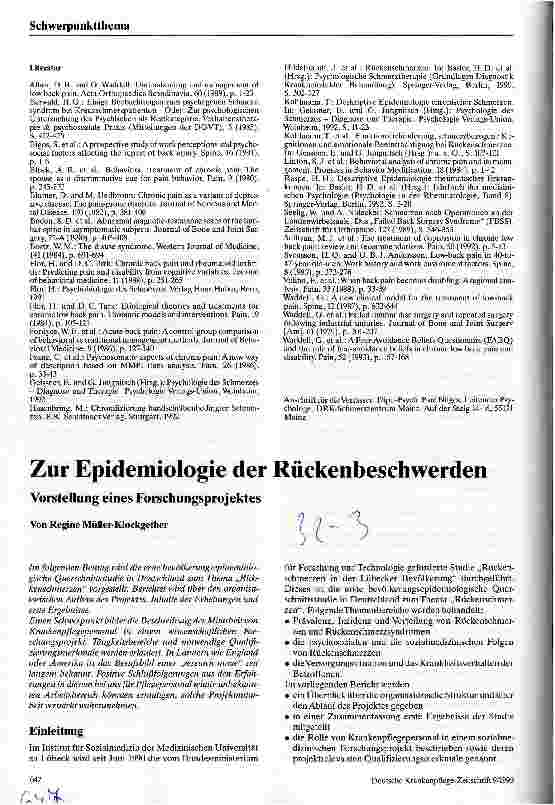 Vorschauseite 1: Zur Epidemiologie der Rückenbeschwerden Vorstellung eines Forschungsprojektes