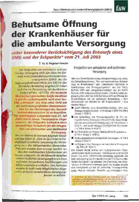 Vorschauseite 1: Behutsame Öffnung der Krankenhäuser für die ambulante Versorgung unter Berücksichtigung des Entwurfs eines GMG und der Eckpunkte vom 21. Juli 2003