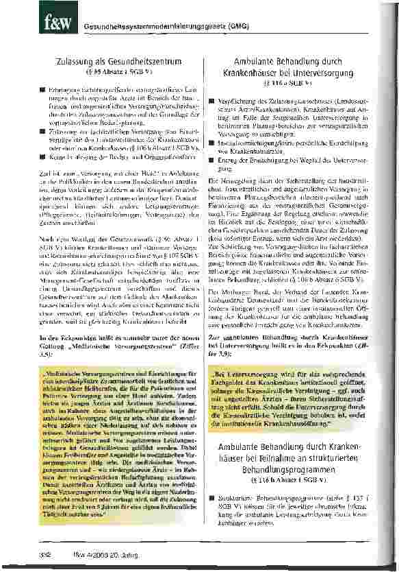 Vorschauseite 4: Behutsame Öffnung der Krankenhäuser für die ambulante Versorgung unter Berücksichtigung des Entwurfs eines GMG und der Eckpunkte vom 21. Juli 2003