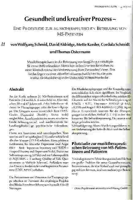 Vorschauseite 1: Gesundheit und kreativer Prozess Eine Pilotstudie zur musiktherapeutischen Betreuung von MS-Patienten
