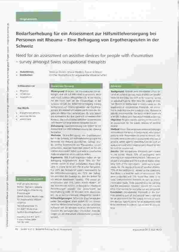 Vorschauseite 1: Bedarfserhebung für ein Assessment zur Hilfsmittelversorgung bei Personen mit Rheuma Eine Befragung von Ergotherapeuten in der Schweiz