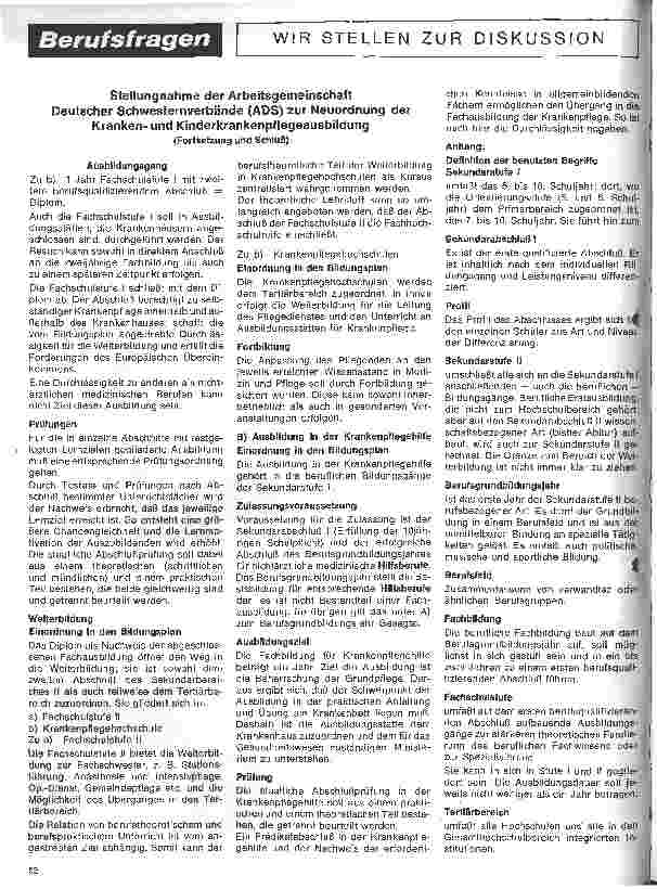 Vorschauseite 1: Berufsfragen - Wir stellen zur Diskussion/Stellungnahme der Arbeitsgemeinschaft Deutscher Schwesternverbände z. Neuordn. d. Pflegeausbildung