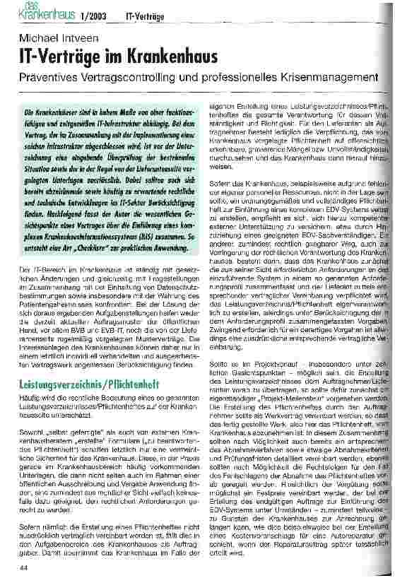 Vorschauseite 1: IT-Verträge im Krankenhaus Präventives Vertragscontrolling und professionelles Krisenmanagement