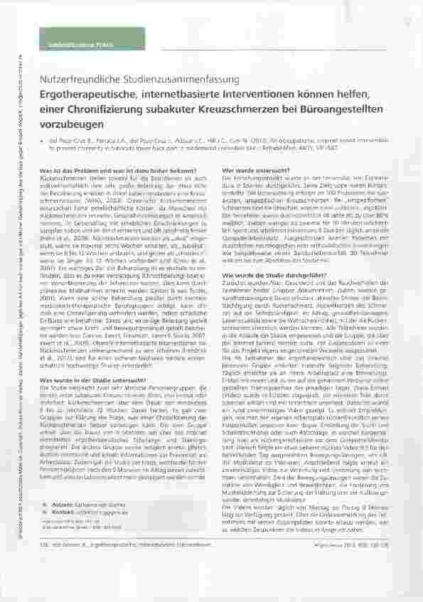 Vorschauseite 1: Nutzerfreundliche Studienzusannmenfassung Ergotherapeutische, internetbasierte Interventionen können helfen, einer Chronifizierung subakuter Kreuzschmerzen bei Büroangestellten vo…