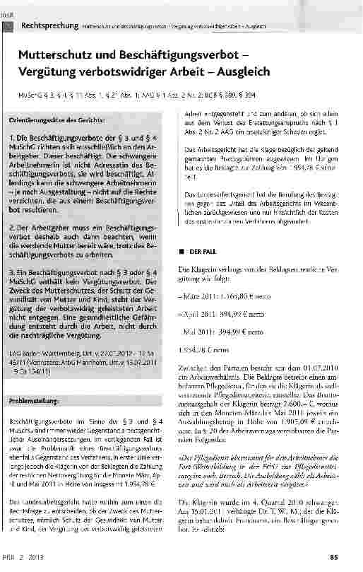 Vorschauseite 1: Mutterschutz und Beschäftigungsverbot-Vergütung verbotswidriger Arbeit - Ausgleich