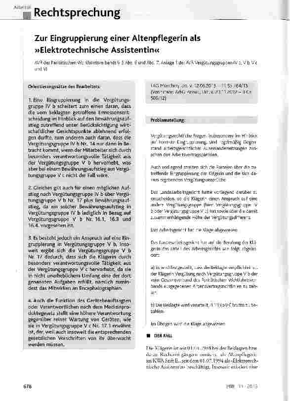 Vorschauseite 1: Zur Eingruppierung einer Altenpflegerin als »Elektrotechnische Assistentin«AVR des Paritätischen Wohlfahrtsverbands § 5 Abs. 6 und Abs. 7; Anlage 1 der AVR Vergütungsgruppen IV b,…