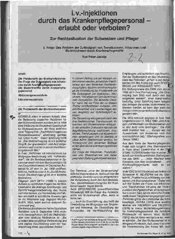 Vorschauseite 1: i. v. - Injektionen durch das Krankenpflegepersonal - erlaubt oder verboten?