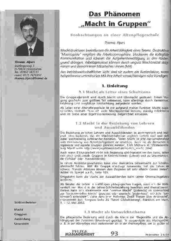 Vorschauseite 1: Das Phänomen Macht in Gruppen Beobachtungen an einer Altenpflegeschule