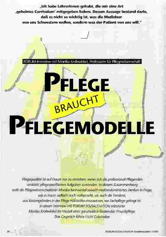 Vorschauseite 1: Pflege braucht Pflegemodelle Interview mit M. Krohwinkel, Professorin f. Pflegewissenschaft