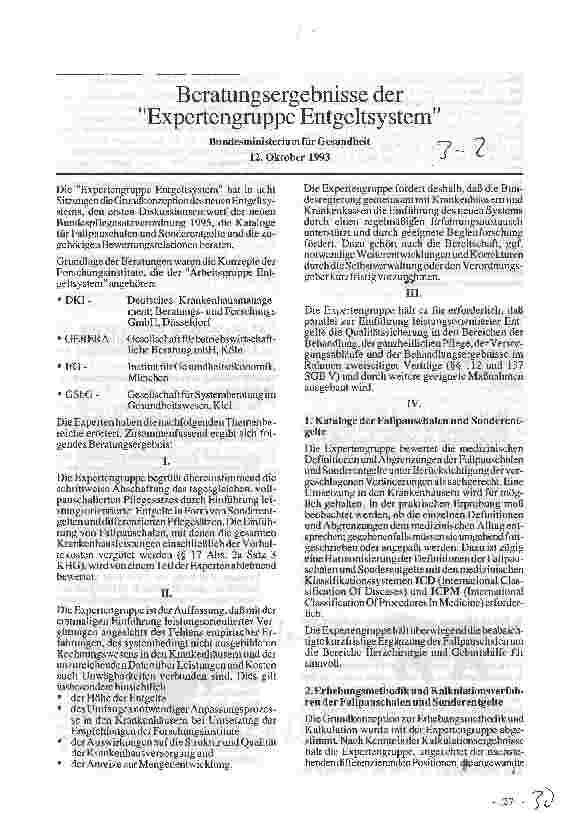 Vorschauseite 1: Beratungsergebnisse der Expertengruppe Entgeltsystem Bundesministerium für Gesundheit, 12.10.93