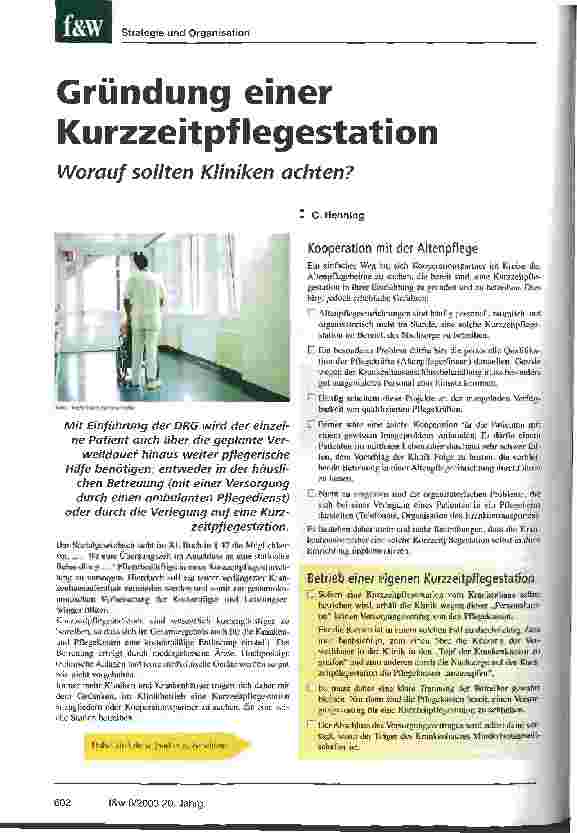 Vorschauseite 1: Gründung einer Kurzzeitpflegestation Worauf sollten Kliniken achten?