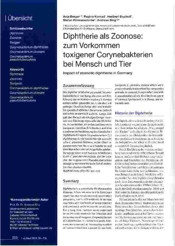 Vorschauseite 1: Diphtherie als Zoonose: zum Vorkommen toxigener Corynebakterien bei Mensch und Tier