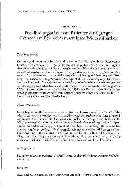 Vorschauseite 1: Die Bindungsstärke von Patientenverfügungen Grenzen am Beispiel der formlosen Widerrufbarkeit