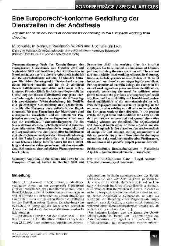 Vorschauseite 1: Eine Europarecht-konforme Gestaltung der Dienstzeiten in der Anästhesie
