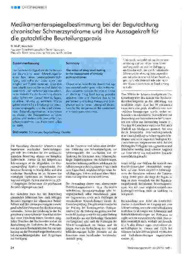 Vorschauseite 1: Medikamentenspiegelbestimmung bei der Begutachtung chronischer Schmerzsyndrome und ihre Aussagekraft für die gutachtliche Beurteilungspraxis
