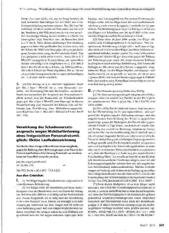 Vorschauseite 1: Verwirkung des Schadensersatzanspruchs wegen Nichtbeförderung eines freigestellten Personalratsmitglieds: fiktive Laufbahnzeichnung